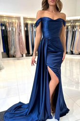 A-Line Stain Royal Blue Sweetheart Split Front Off-the-Shoulder Strapless Prom Evening Dresses with Ruffles